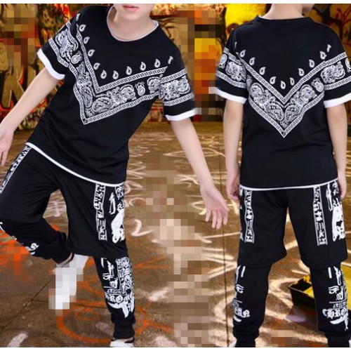 Black printed 3in1 boys kids children girls baby school competition hip hop dance costumes outfits